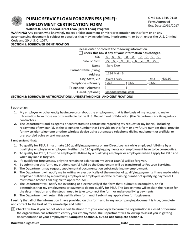 Fedloan Public Service Loan Forgiveness PSLF Employment Certification Form