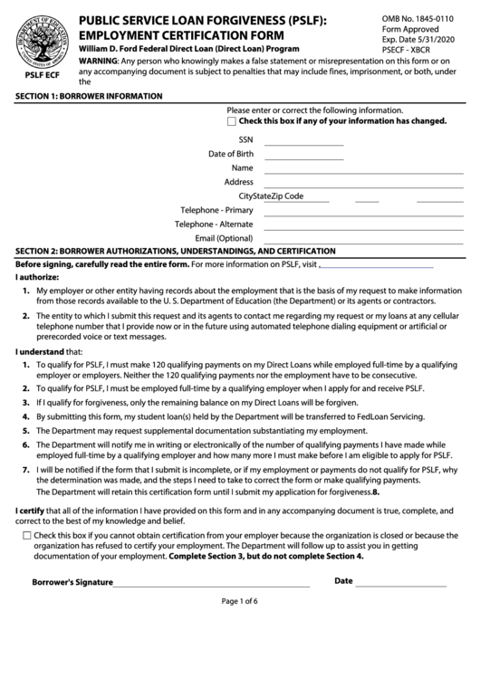 PSLF Employment Certification Form Fax Number