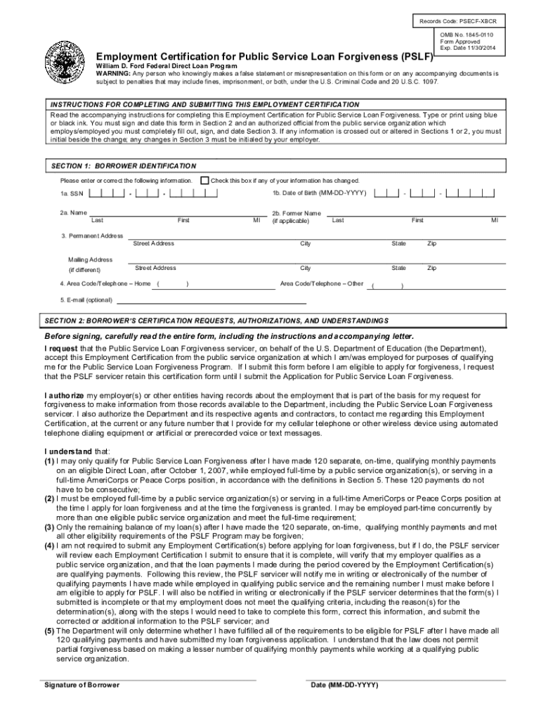 PSLF Employment Certification Form Late 2024