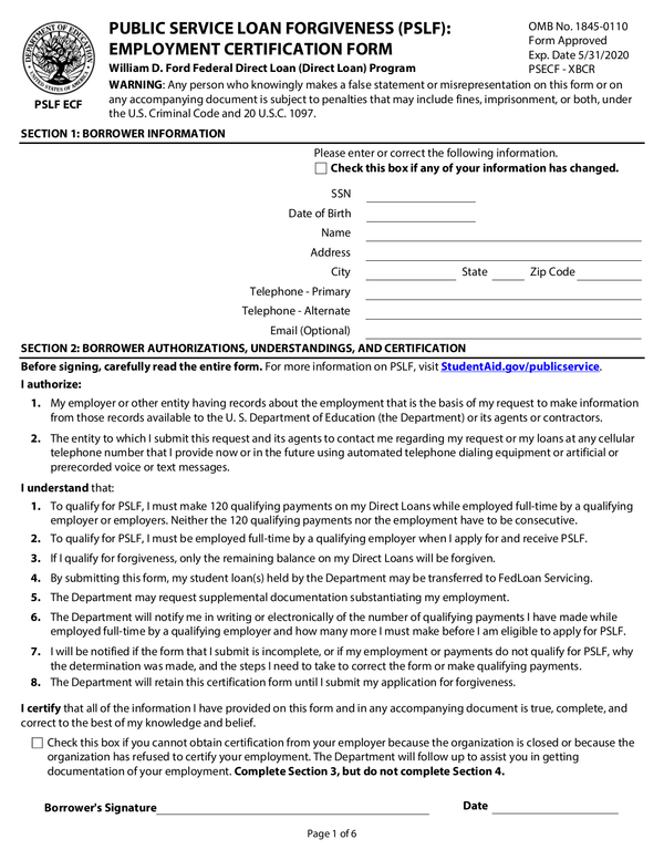 PSLF Employment Certification Form Residency