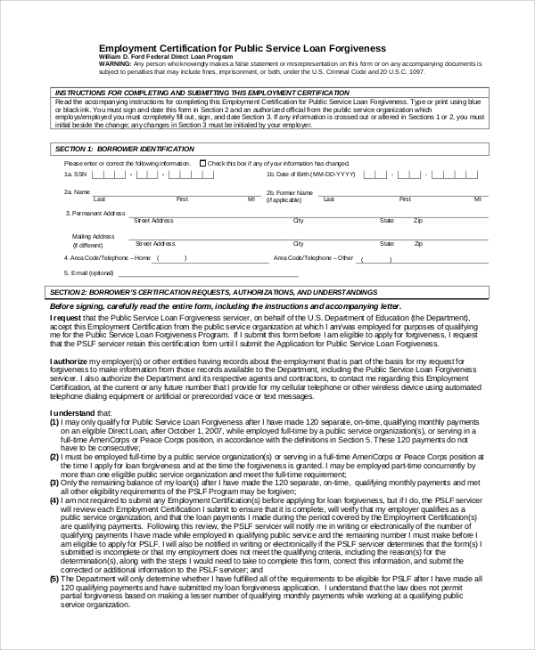 Student Loan Forgiveness Public Service Form